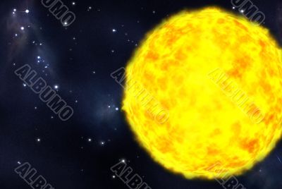 Digital created starfield with cosmic Nebula and yellow Star