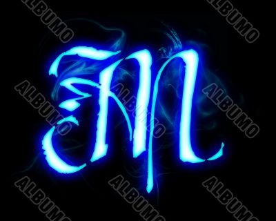 Blue flame magic font over black background. Letter M