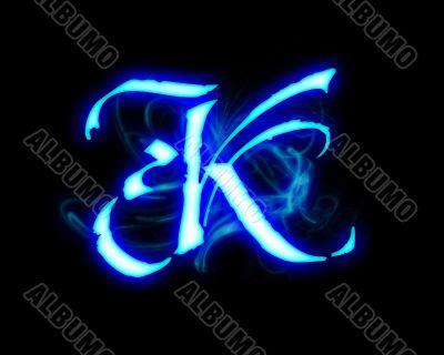 Blue flame magic font over black background. Letter K