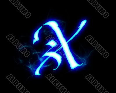 Blue flame magic font over black background. Letter X
