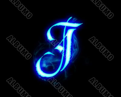 Blue flame magic font over black background. Letter J
