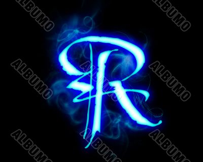 Blue flame magic font over black background. Letter R