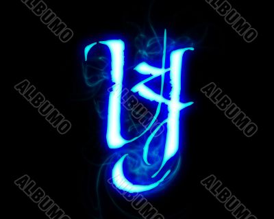 Blue flame magic font over black background. Letter Y