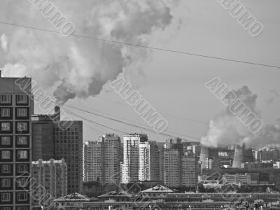 Black and white Moscow city view on winter day