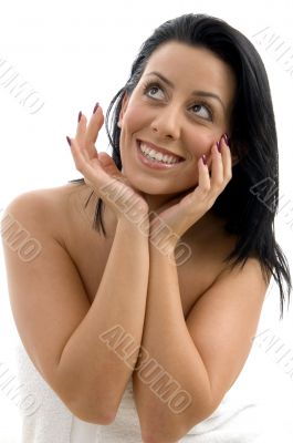 portrait of smiling woman looking upward
