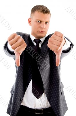 standing professional with thumbs down