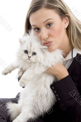 young female holding her lovable cat