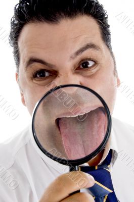 businessman with magnified tongue