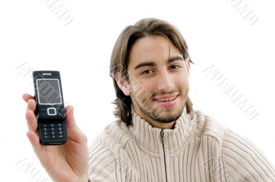 handsome man showing cell phone