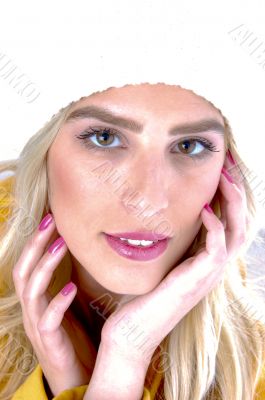 front view of model wearing woolen cap