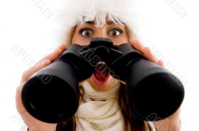 shocked female with binocular