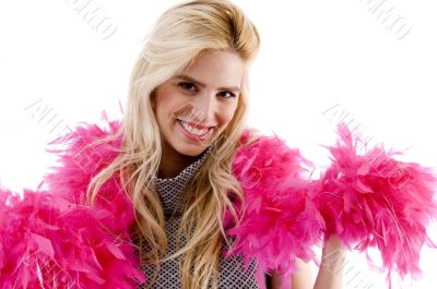 front view of happy model wearing fur stole