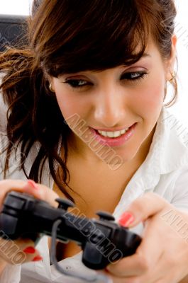 close view of woman playing videogame