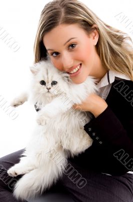 female smiling and posing with cat