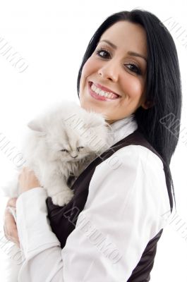 young model happy with her cute kitten