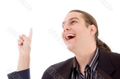 happy business pointing upwards