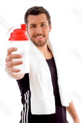 young male showing water bottle