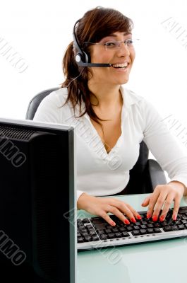 front view of smiling female customer care