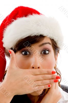 close view of surprised christmas woman