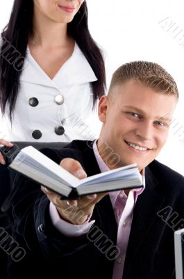 happy manager showing diary