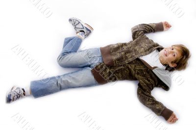 high angle view of small kid lying down on floor