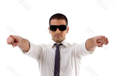 young professional pointing with both hands