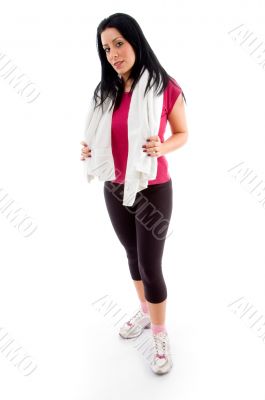 front view of standing woman on white background