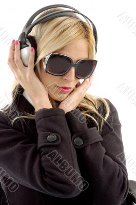 front view of model listening music