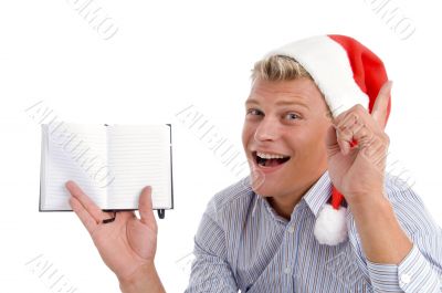 pointing man showing diary
