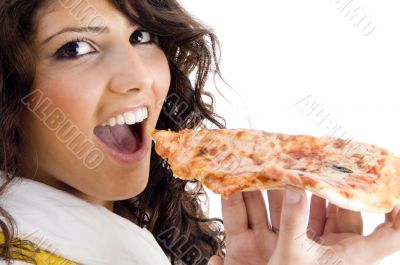 pretty woman eating delicious pizza