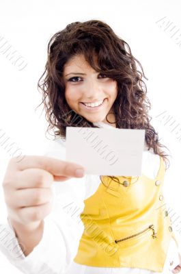 successful female holding business card and