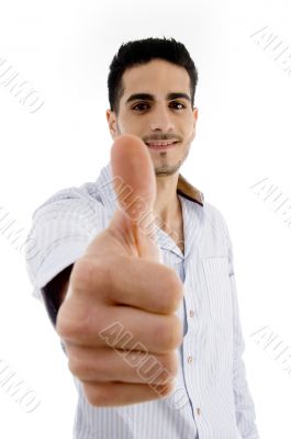 handsome man showing thumbs up