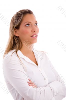 portrait of businesswoman looking up