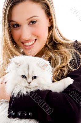 female smiling and posing with cat