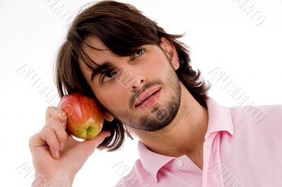 man showing apple