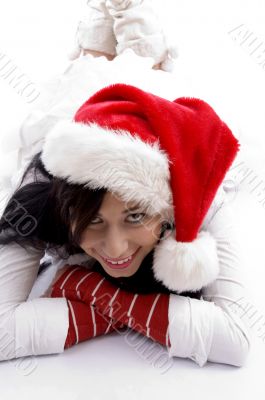 smiling beautiful woman wearing christmas hat