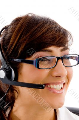 close view of smiling female customer care