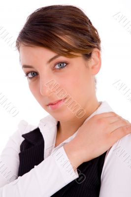 close view of businesswoman looking at camera