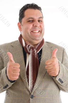mature man with cheers up hand gesture
