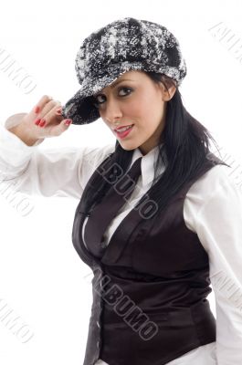 female posing with cap