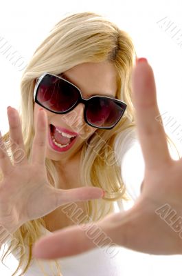 happy young woman with open palms