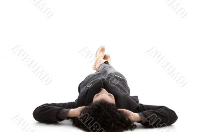 laying model looking upward