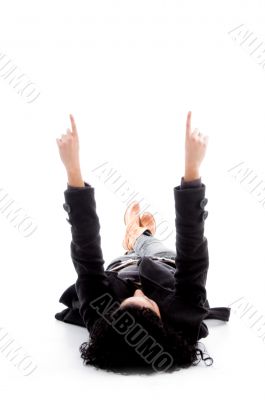 lying female pointing with both hands