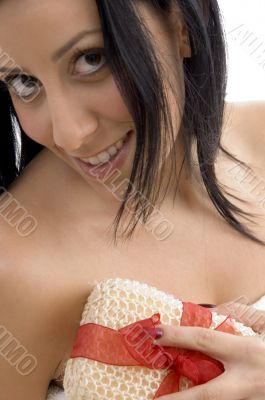 close up of woman with scrubber