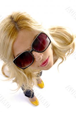 high angle view of model looking at camera