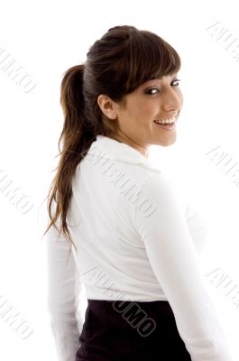 side view of smiling female accountant