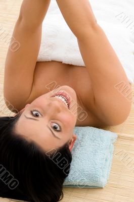 high angle view of smiling woman against in spa