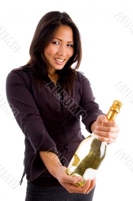 happy asian female holding bottle