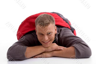 man in sleeping bag lying