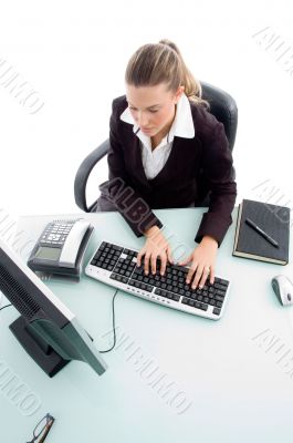 high angle view of woman working on computer